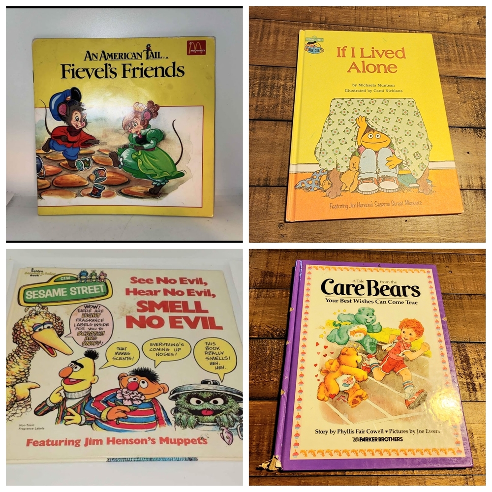 Lot of 4 assorted Vintage 80s Childrens books Care Bears Sesame Street etc.